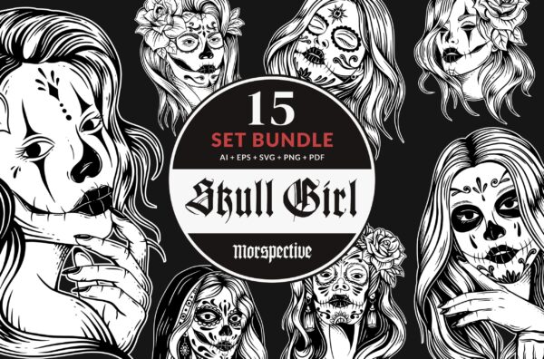 15 Set Bundle Skull Girl Face Sugar Muertos Flowers