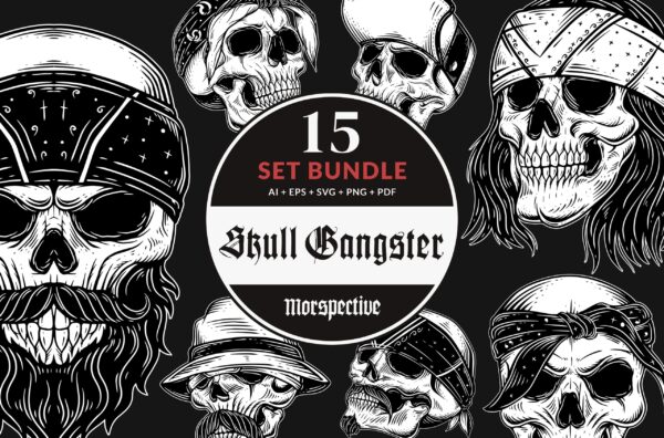 15 Set Bundle Skull Head Face Gangster Mafia Tattoo Vintage