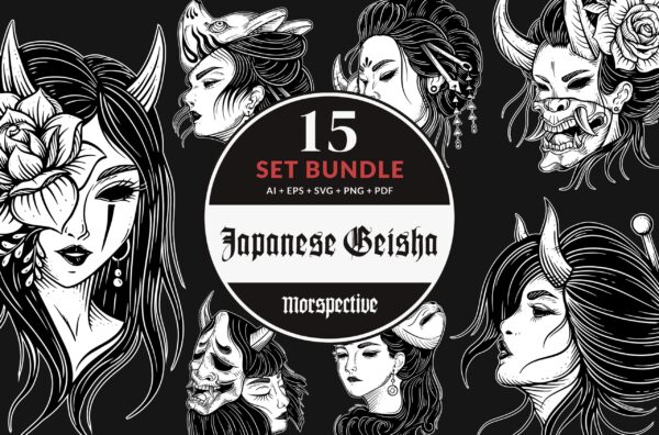 15 Bundle Japanese Geisha Geisha Skull Mask Tattoo