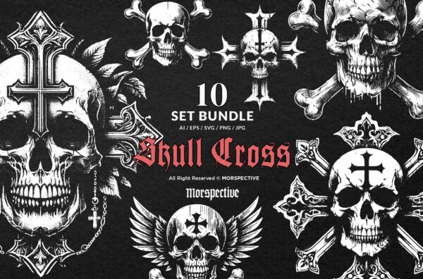 10 Bundle Dark Art Skull Head Cross