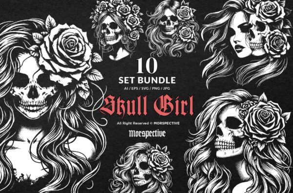 10 Bundle Dark Art Skull Girl with Long Hair