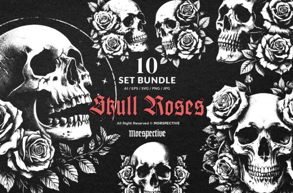 10 Bundle Dark Art Skull Roses Flower