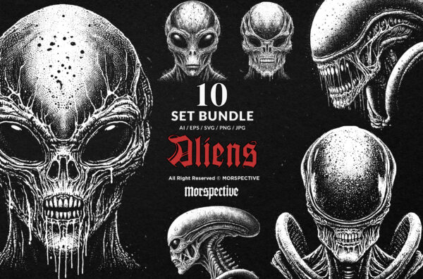 10 Bundle Dark Art Alien Head Ufo Monster