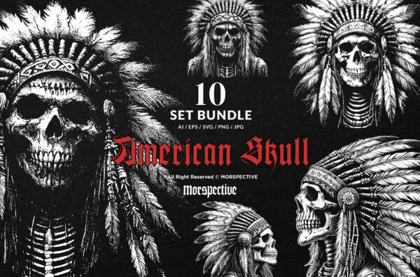 10 Bundle Dark Art Indian American Skull