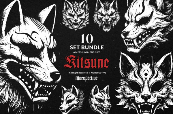 10 Bundle Dark Art Kitsune Mask Japanese