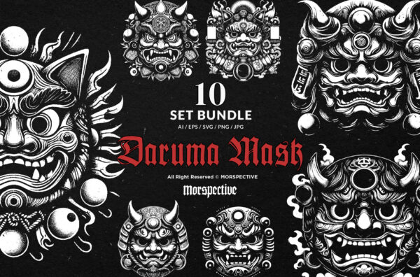 10 Bundle Dark Art Japanese Daruma