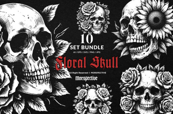 10 Bundle Dark Art Skull Rose