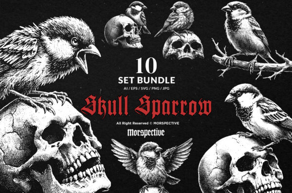 10 Bundle Dark Art Sparrow Bird