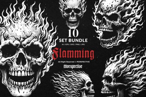 10 Bundle Dark Art Flamming Skull Fire