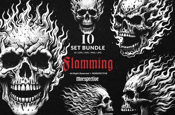 10 Bundle Dark Art Flamming Skull Fire