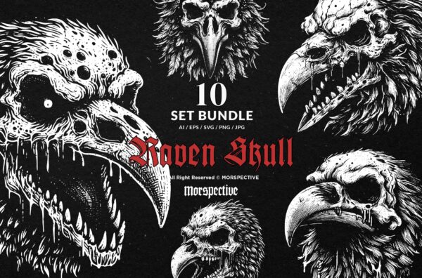 10 Bundle Dark Art Raven Skull Bird