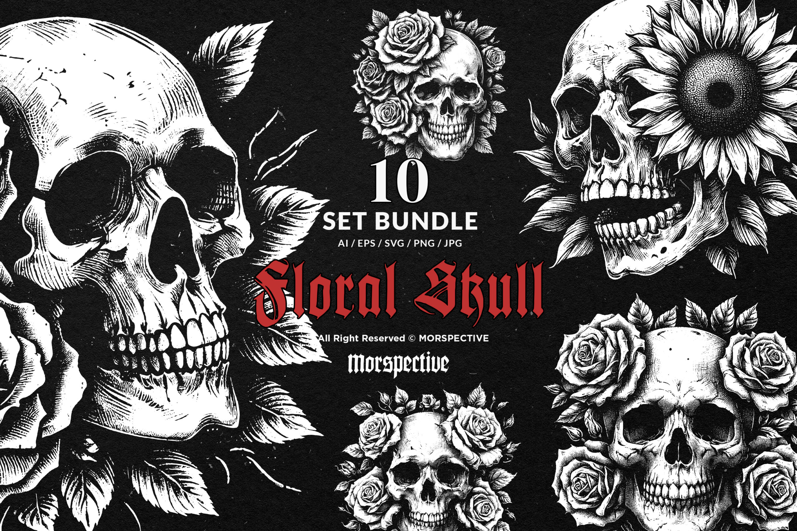 10 Bundle Dark Art Skull Rose Floral