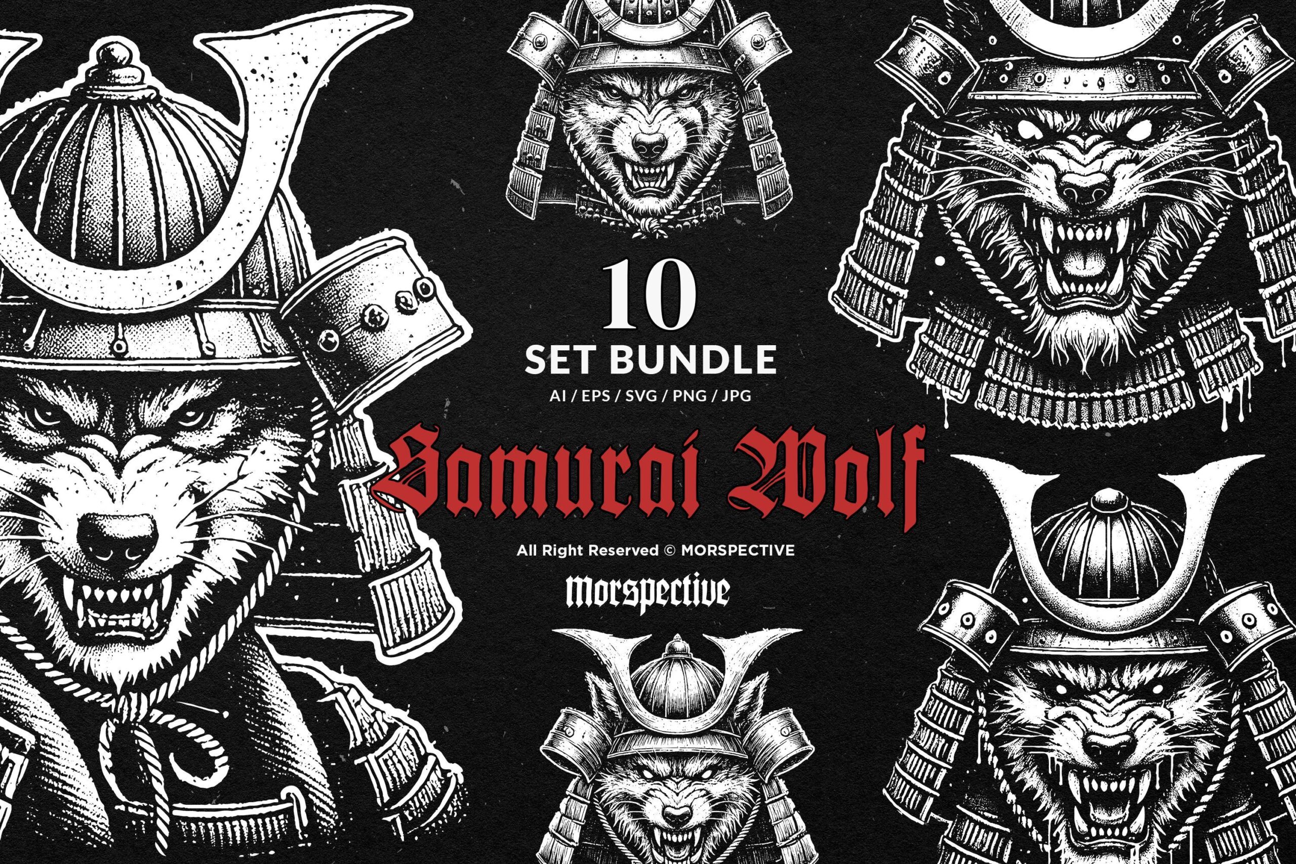 10 Bundle Dark Art Samurai Wolf