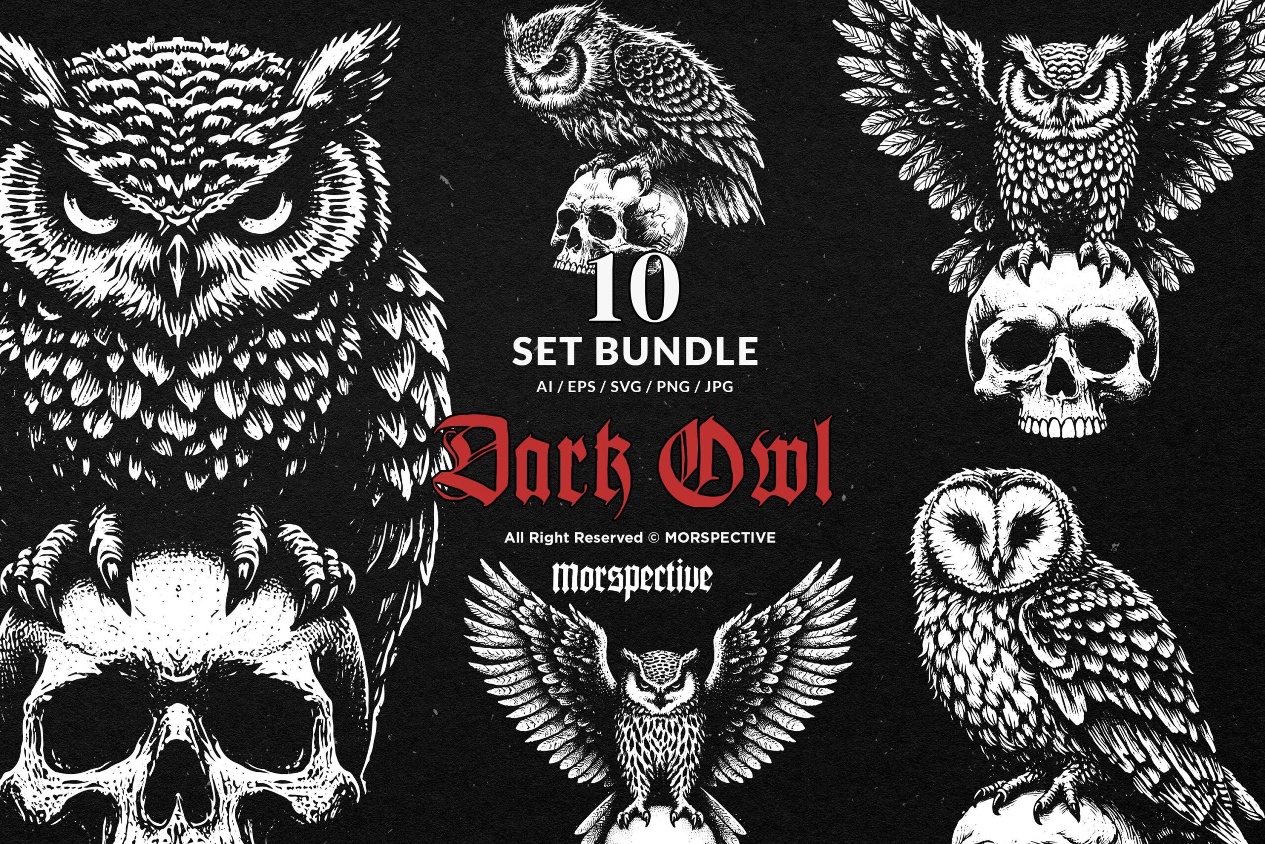 10 Bundle Dark Art Owl Bird Skull