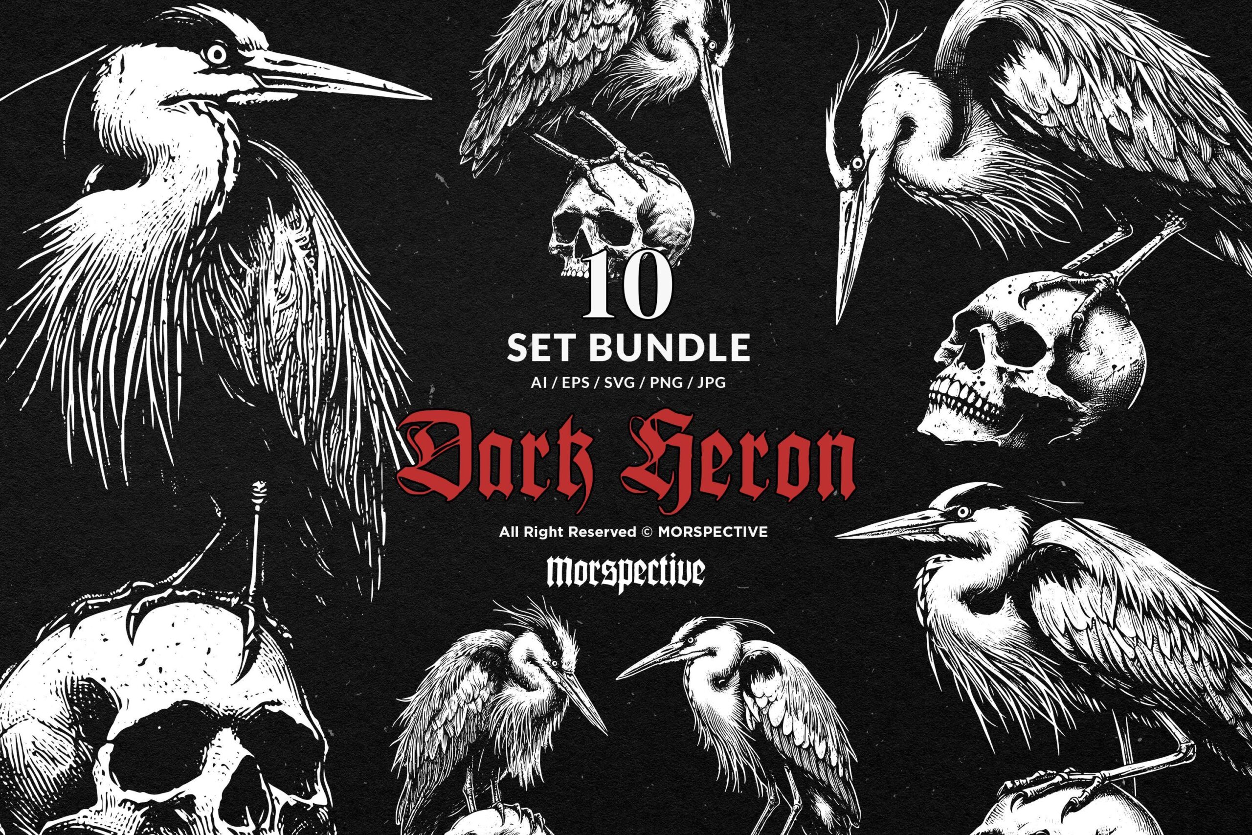 10 Bundle Dark Art Heron Bird Skull