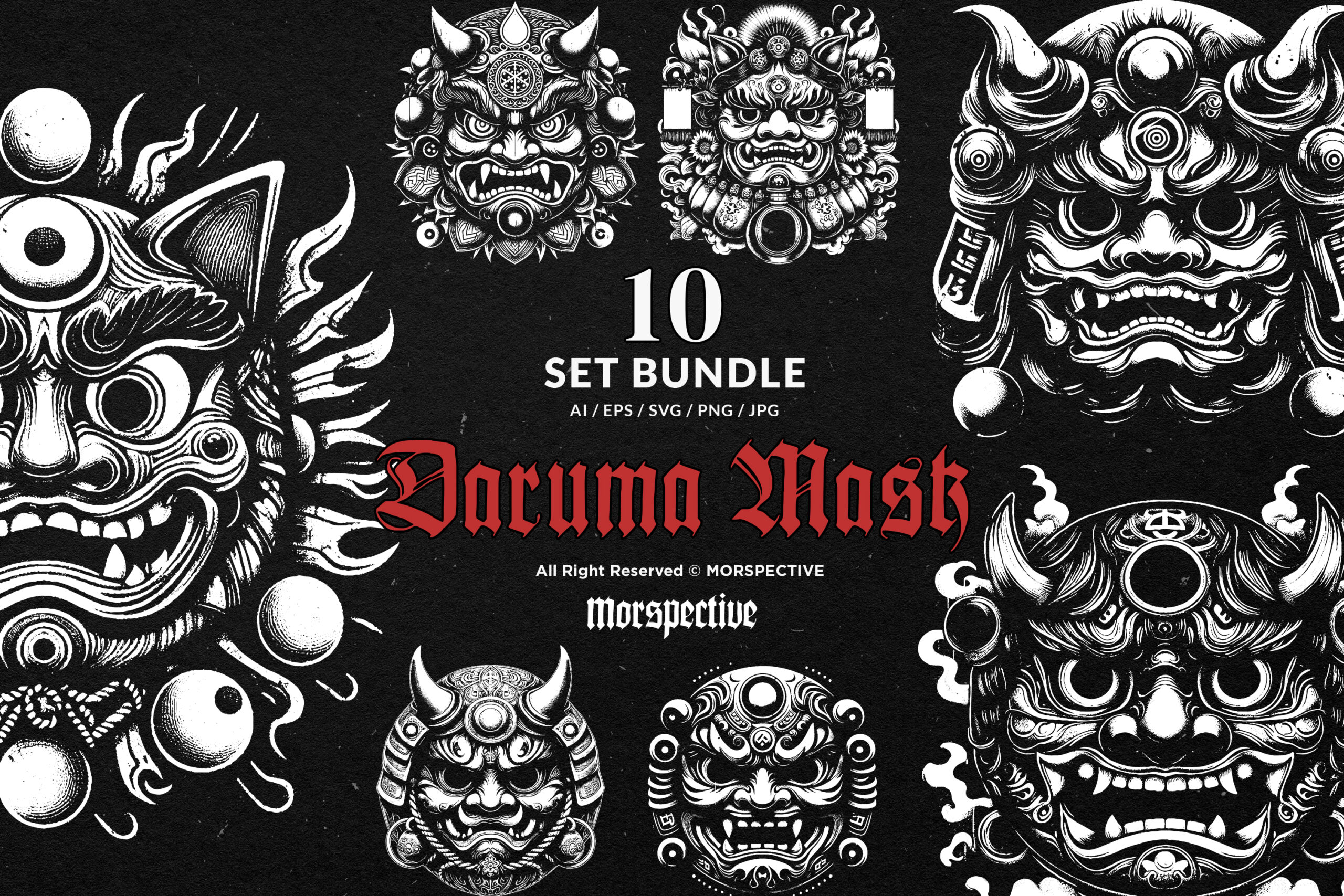 10 Bundle Dark Art Japanese Daruma Mask